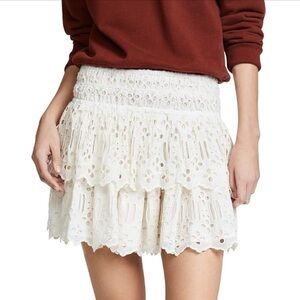 Free People - Cream/White Smocked Mini Eyelet Ruffle Boho Skirt Sz Medium